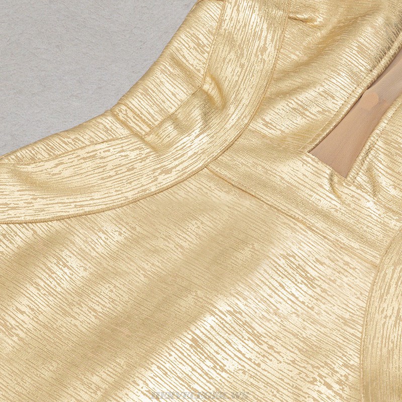 Herve Leger Gold Woodgrain Foil Print Mesh Midi Dress