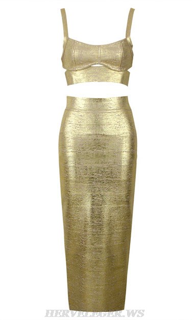 Herve Leger Gold Woodgrain Foil Print Midi Two Piece Dress