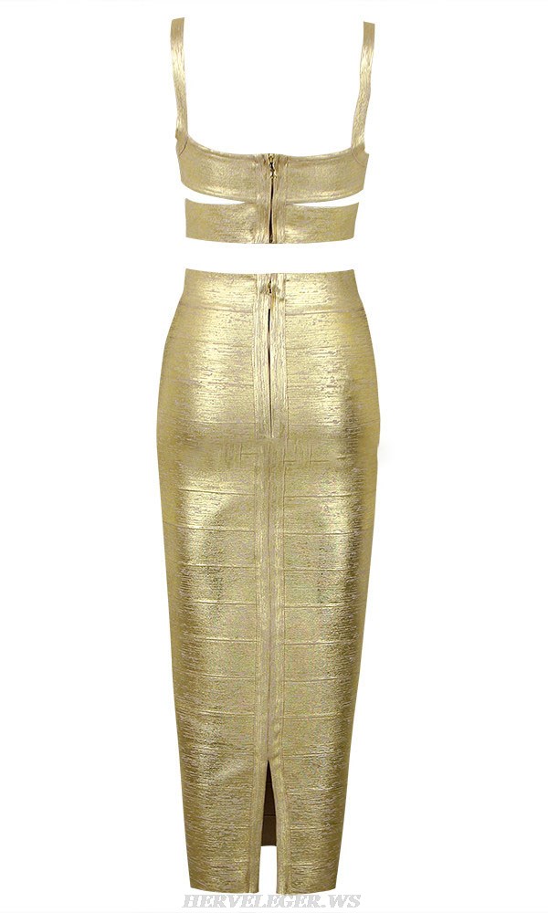 Herve Leger Gold Woodgrain Foil Print Midi Two Piece Dress