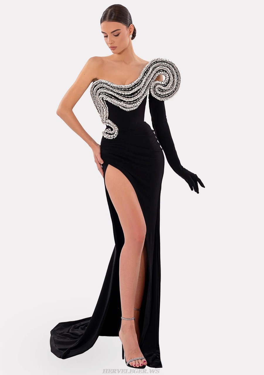Herve Leger Black Crystal Strapless Mermaid Velvet Gown 