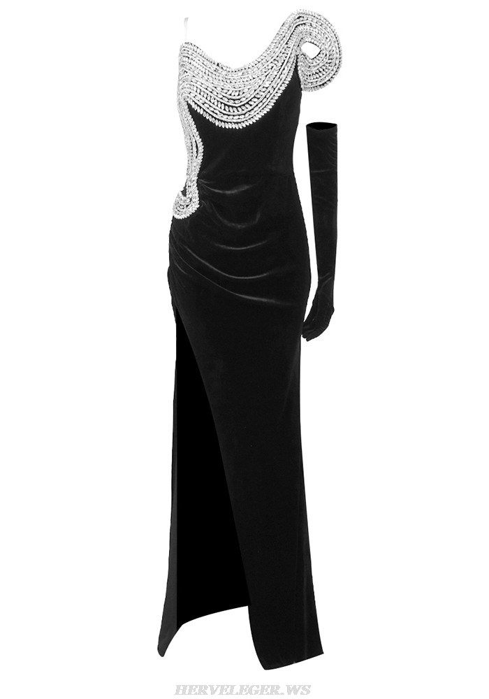 Herve Leger Black Crystal Strapless Mermaid Velvet Gown 