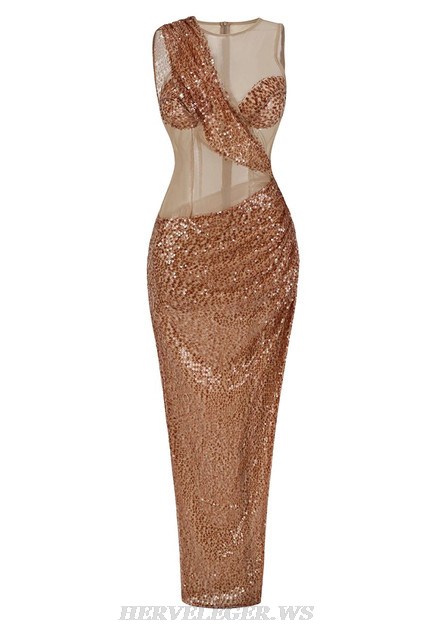 Herve Leger Brown Draped Sequin Gown