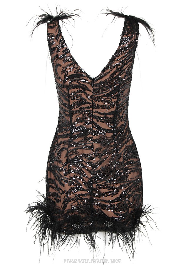 Herve Leger Black Feather Detail Sequin Dress