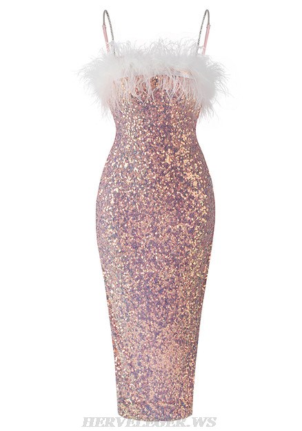 Herve Leger Pink White Feather Detail Sequin Dress