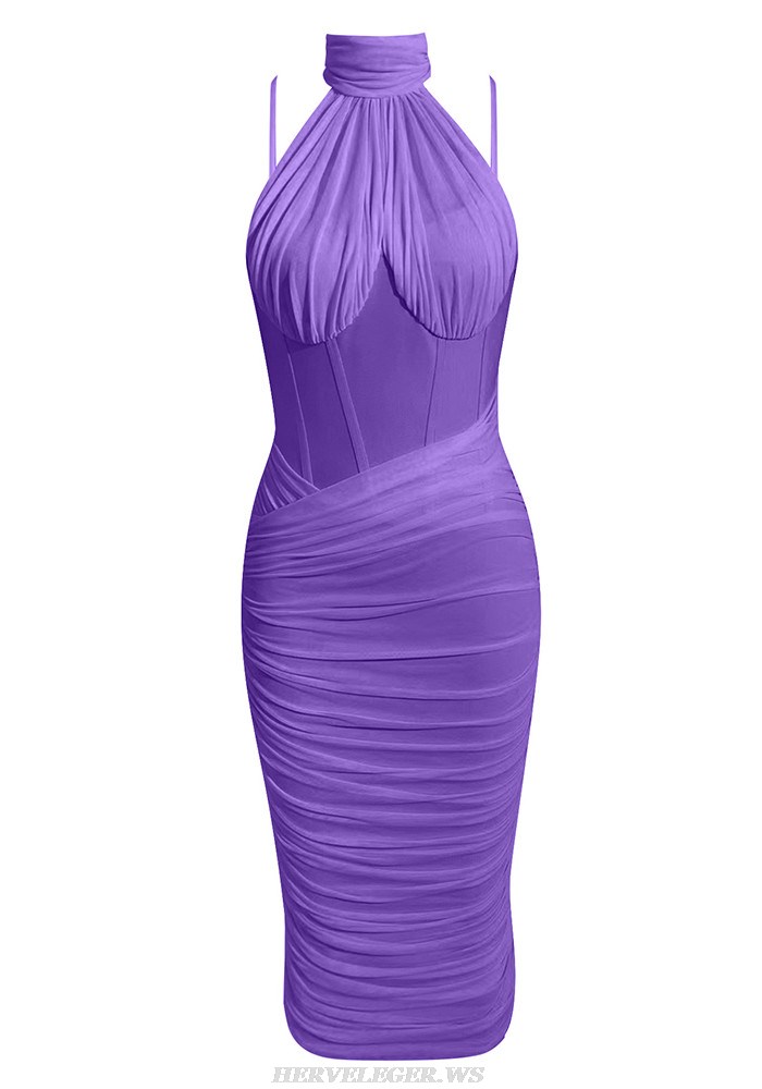 Herve Leger Purple Halter Corset Ruched Dress