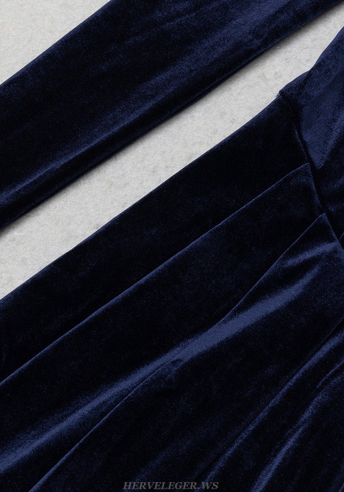 Herve Leger Blue Halter Long Sleeve A Line Velvet Gown 
