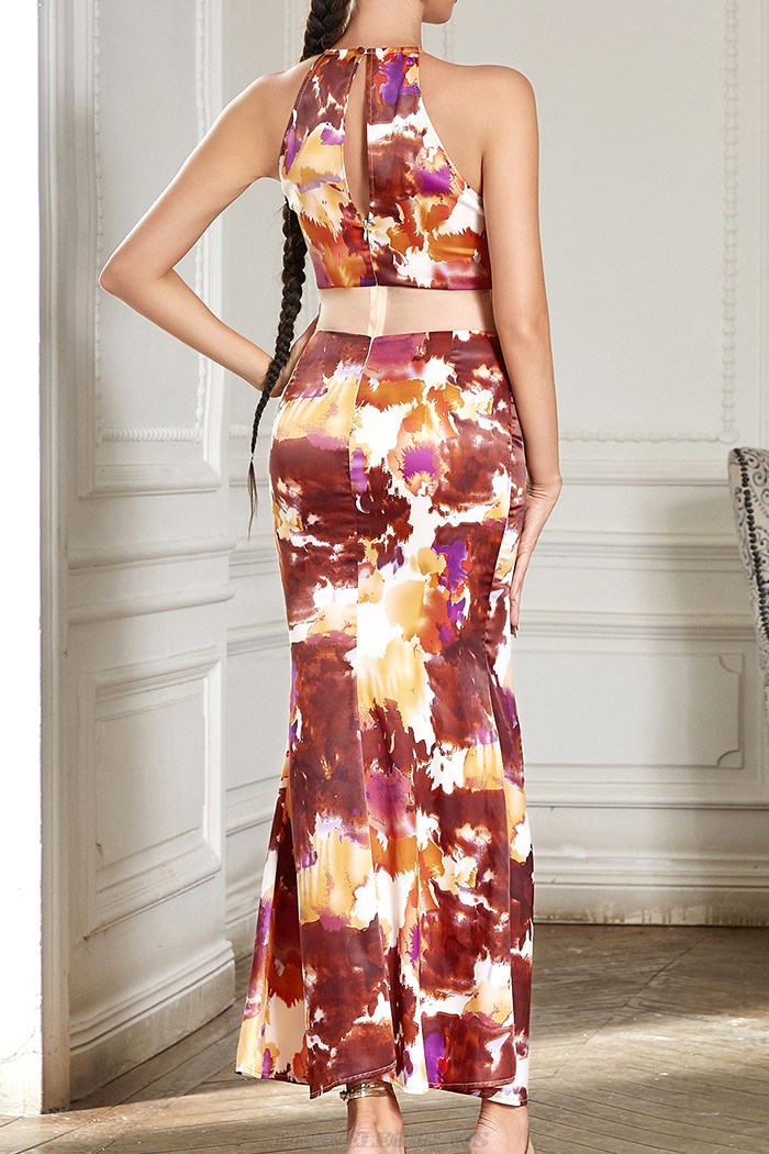 Herve Leger Halter Mesh Style Printed Gown