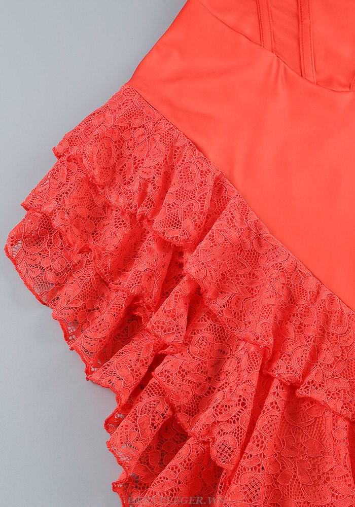 Herve Leger Orange Lace Corset Ruffle Gown 