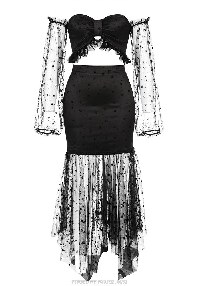 Herve Leger Black Lace Long Sleeve Two Piece Dress