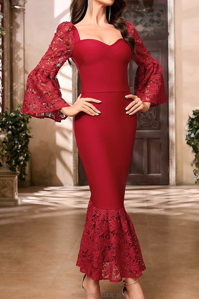 Herve Leger Red Lace Sleeve Mermaid Gown 