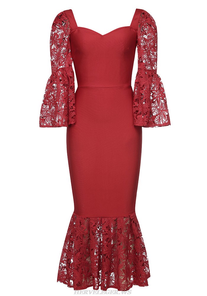 Herve Leger Red Lace Sleeve Mermaid Gown 