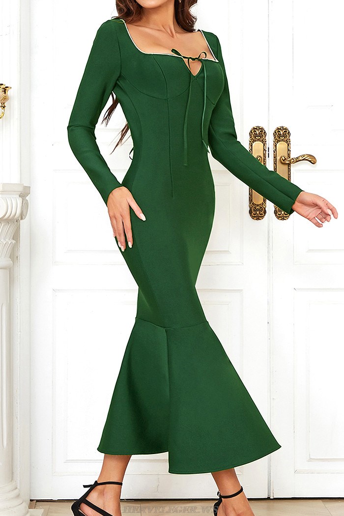 Herve Leger Green Long Sleeve Crystal Backless Fluted Dress