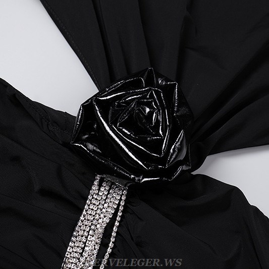 Herve Leger Black Long Sleeve Crystal Detail Backless Gown 