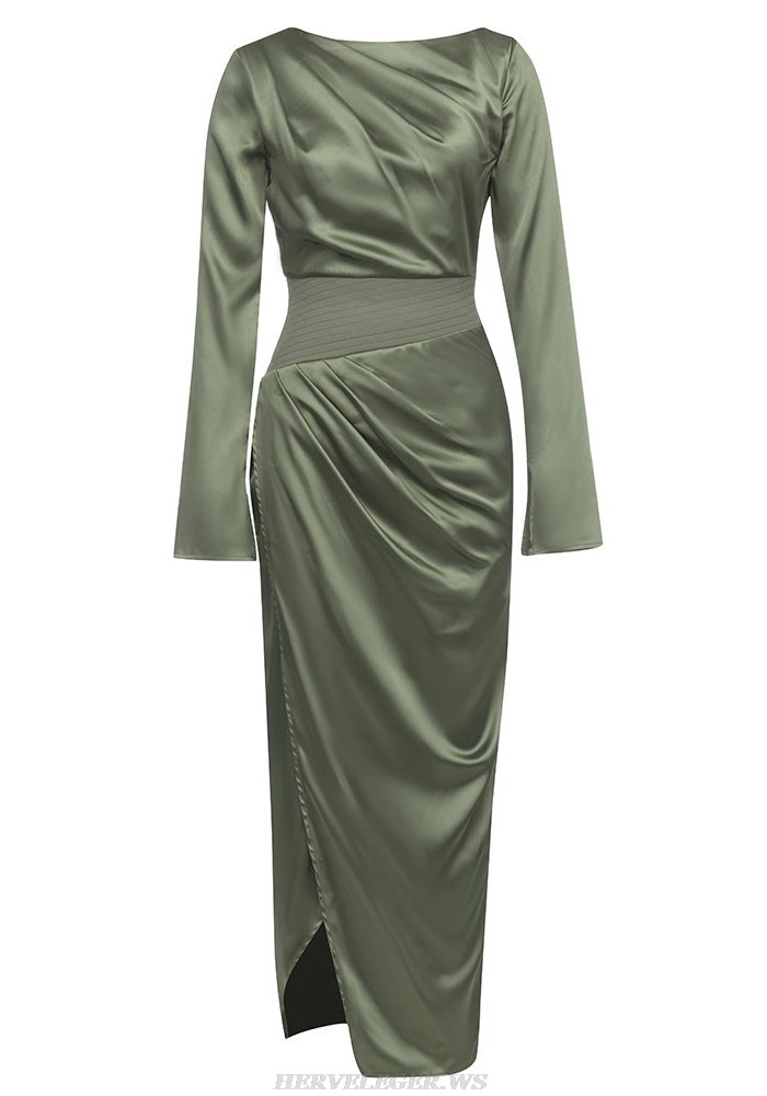 Herve Leger Green Long Sleeve Draped Gown 