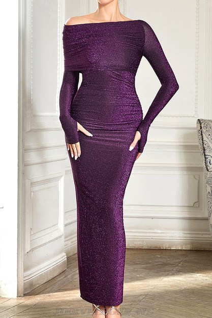 Herve Leger Purple Long Sleeve Draped Sparkly Gown 