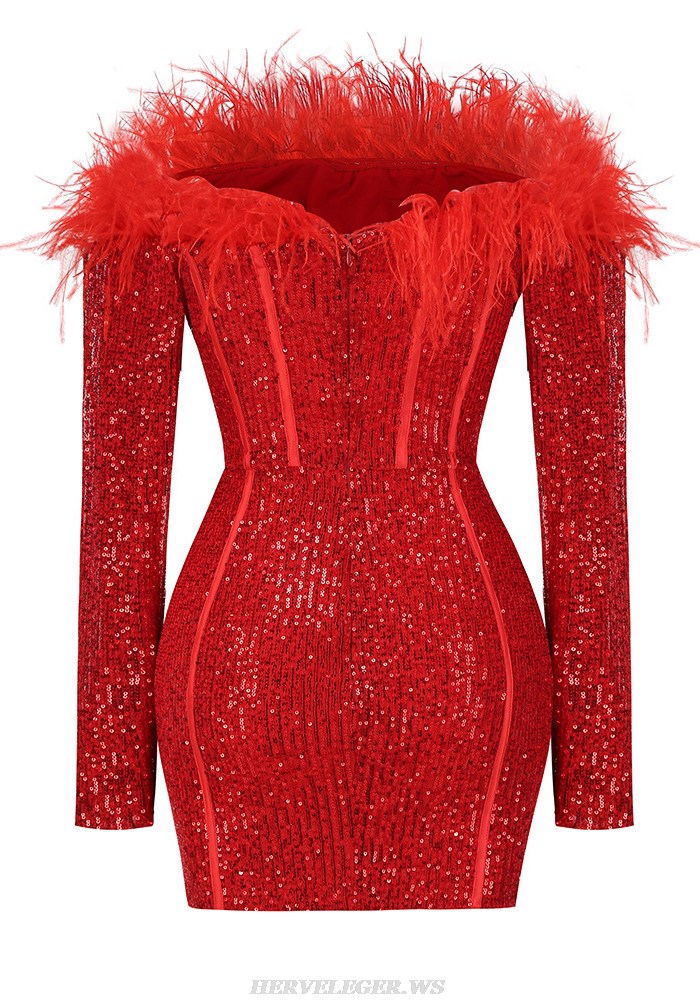 Herve Leger Red Long Sleeve Feathers Sequin Dress