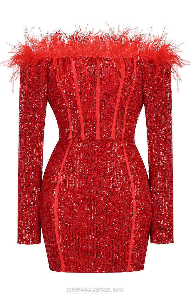 Herve Leger Red Long Sleeve Feathers Sequin Dress