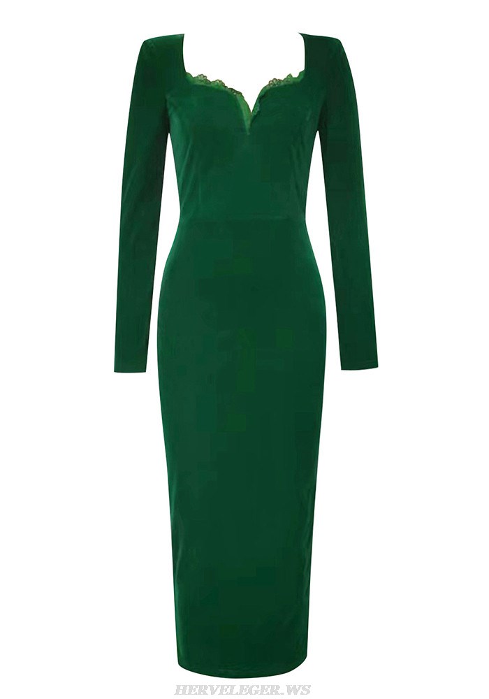 Herve Leger Green Long Sleeve Lace Style Velvet Dress