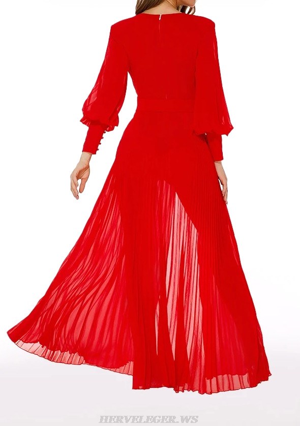 Herve Leger Red Long Sleeve Pleated Gown 
