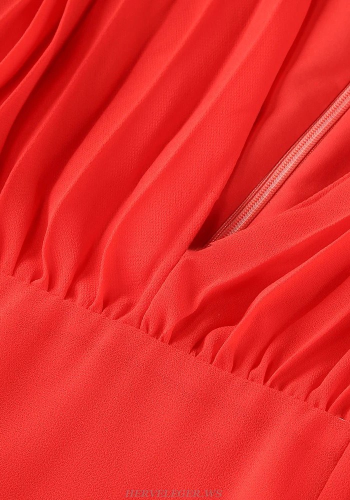 Herve Leger Red Long Sleeve Pleated Gown 