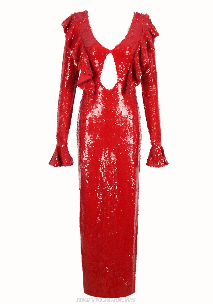 Herve Leger Red Long Sleeve Ruffle Sequin Gown 