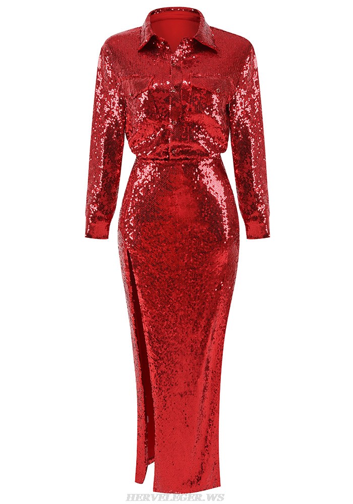 Herve Leger Red Long Sleeve Sequin Two Piece Gown 