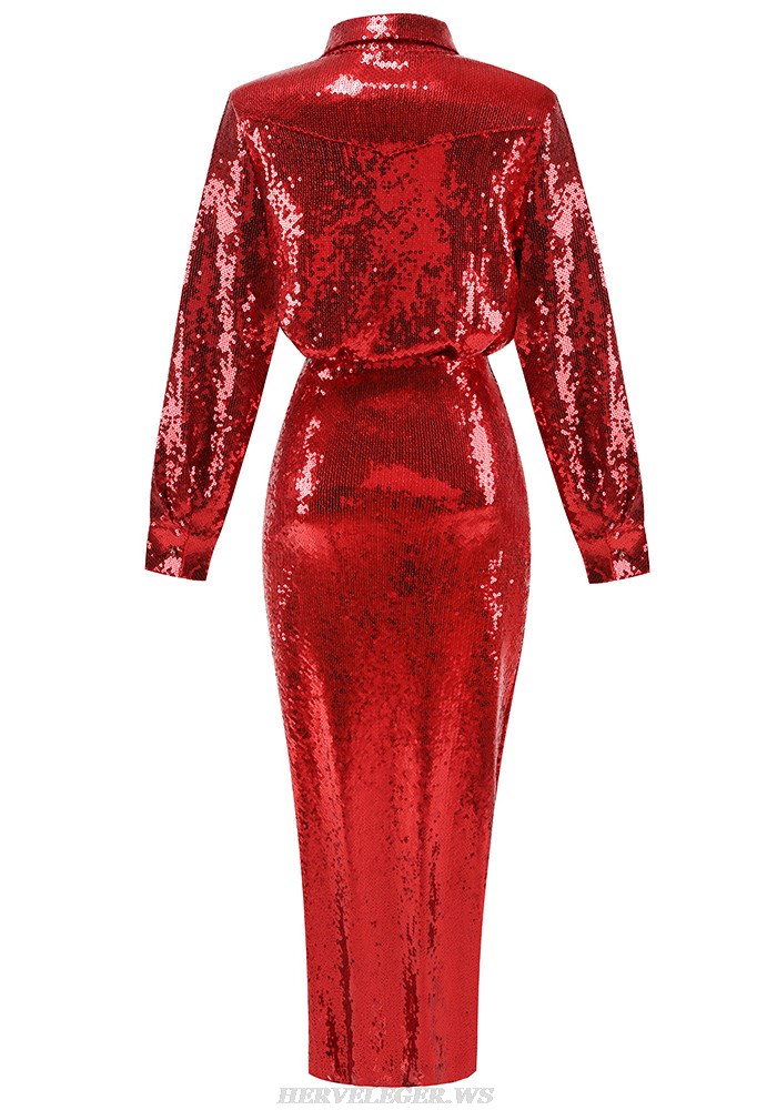 Herve Leger Red Long Sleeve Sequin Two Piece Gown 