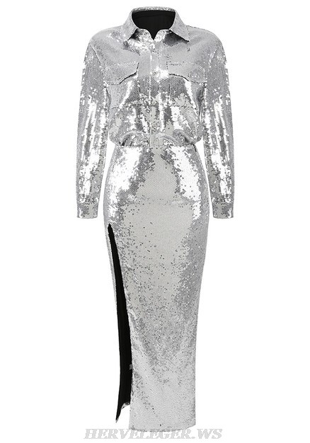 Herve Leger Silver Long Sleeve Sequin Two Piece Gown 