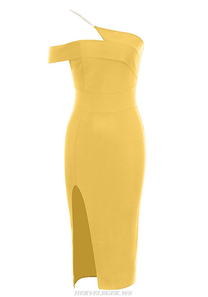 Herve Leger Yellow One Shoulder Pearl Strap Dress