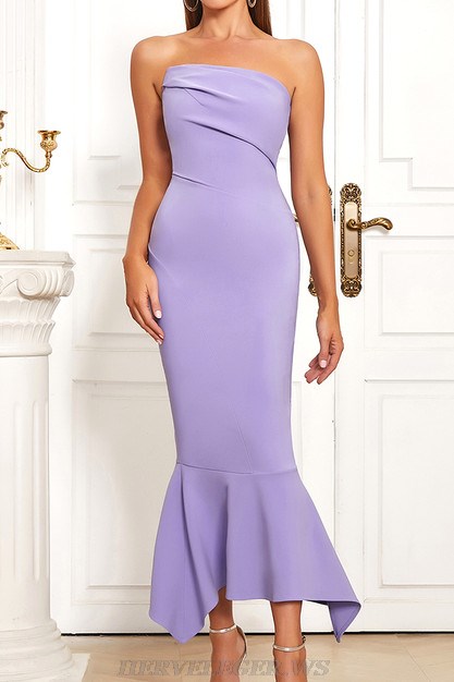 Herve Leger Purple Strapless Draped Mermaid Gown