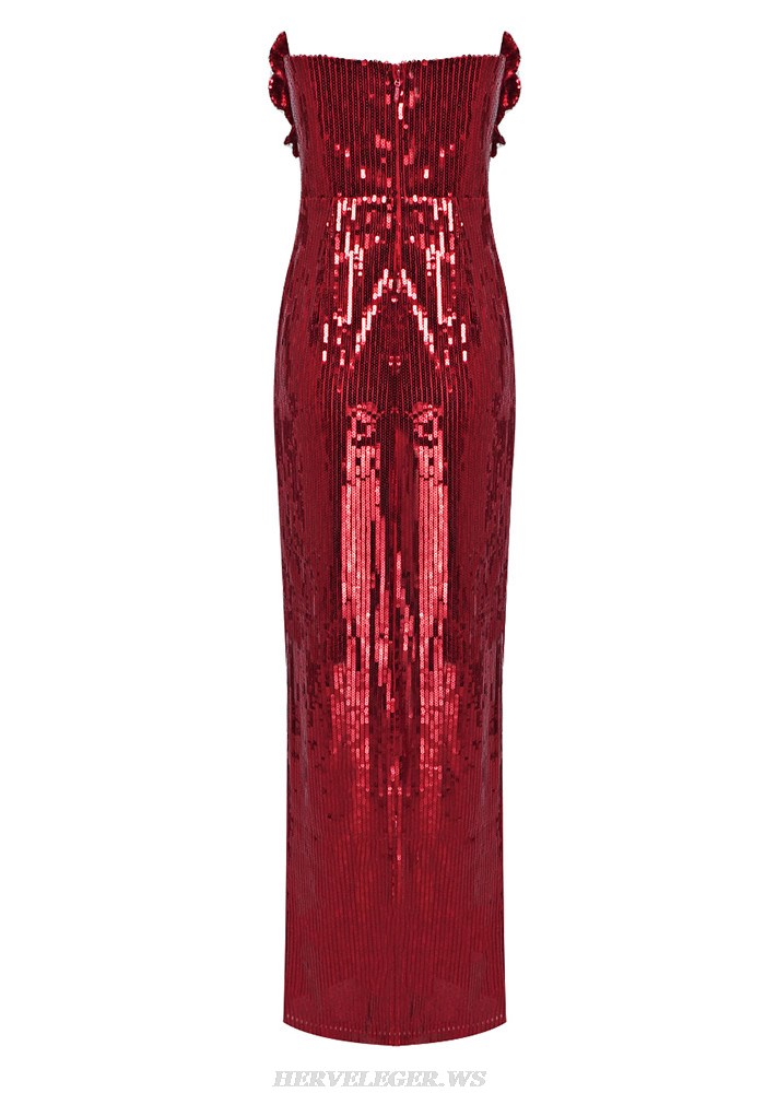 Herve Leger Red Strapless Flower Sequin Gown 