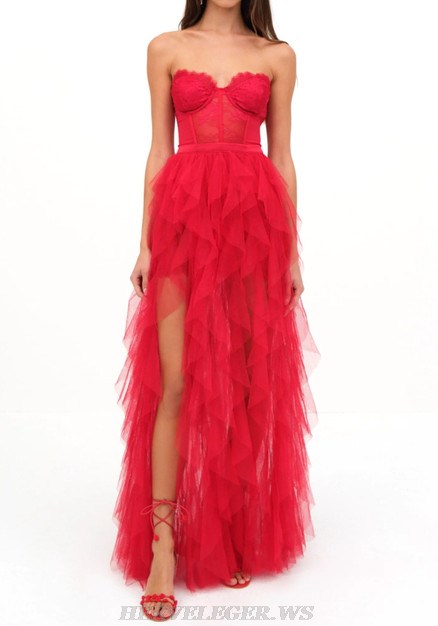 Herve Leger Red Strapless Lace Bustier Ruffle Gown 