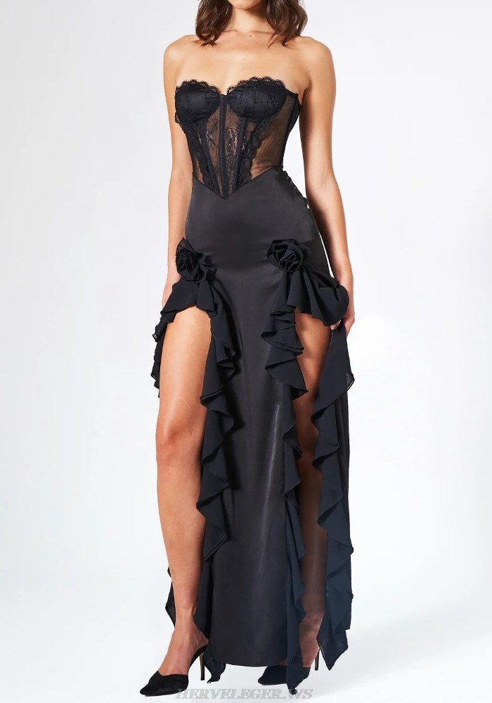 Herve Leger Black Strapless Lace Corset Ruffle Gown 