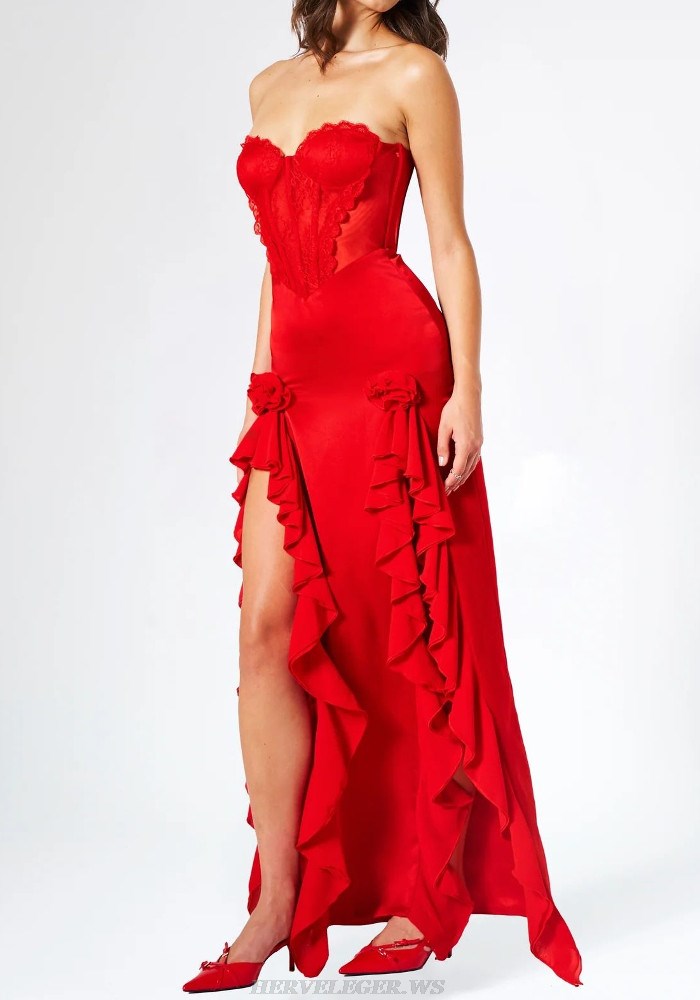Herve Leger Red Strapless Lace Corset Ruffle Gown