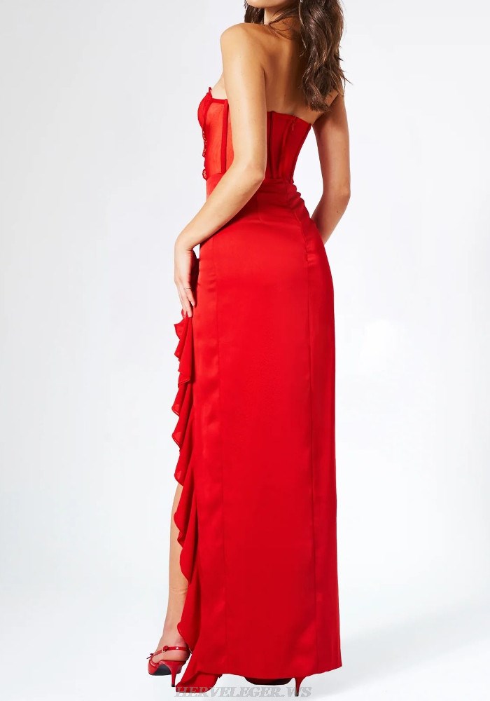 Herve Leger Red Strapless Lace Corset Ruffle Gown 
