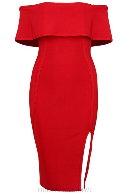 Herve Leger Red Strapless Bardot Slit Dress