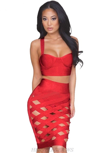 Herve Leger Red Cut Out Two Piece Dress