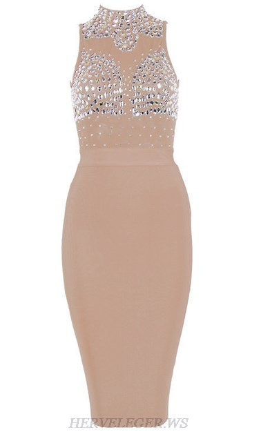 Herve Leger Nude Embellished Bodice Dress