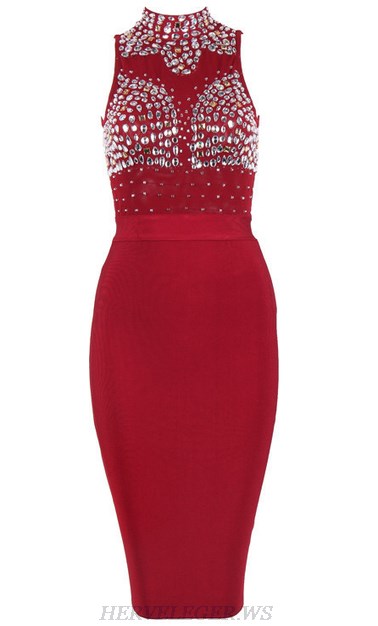 Herve Leger Red Embellished Bodice Dress