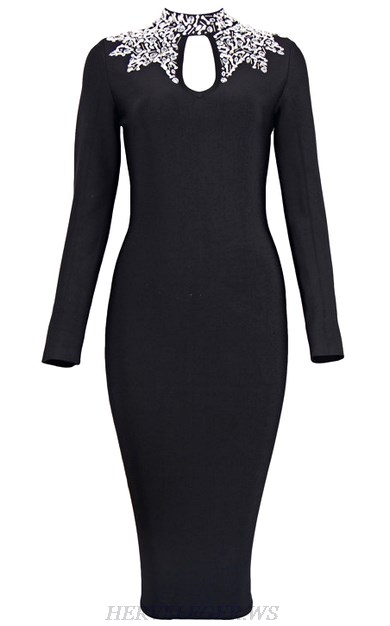 Herve Leger Black Embellished Long Sleeve Dress