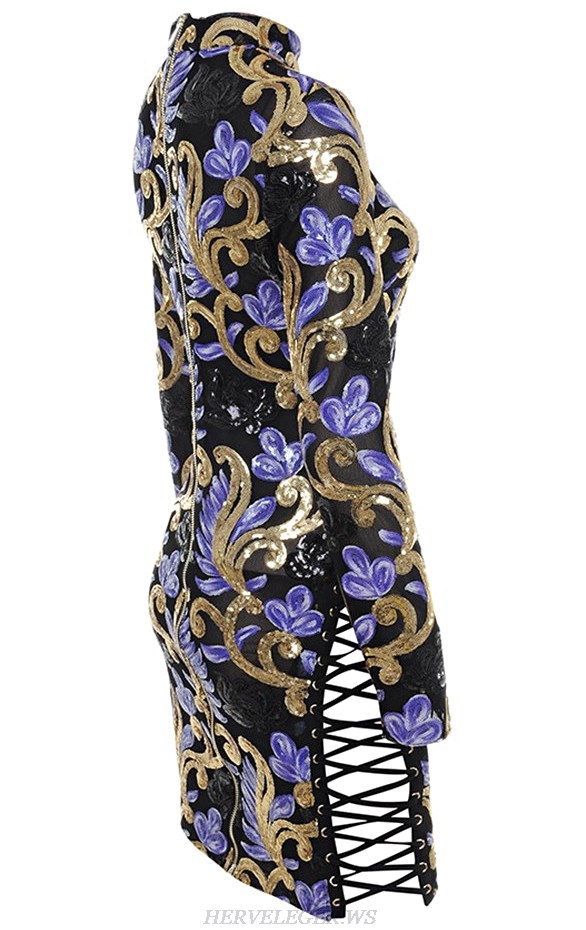 Herve Leger Black Gold And Purple Floral Sequined Dress