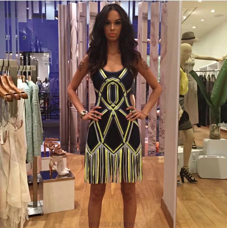Herve Leger Blue Fringe Colorblock Dress