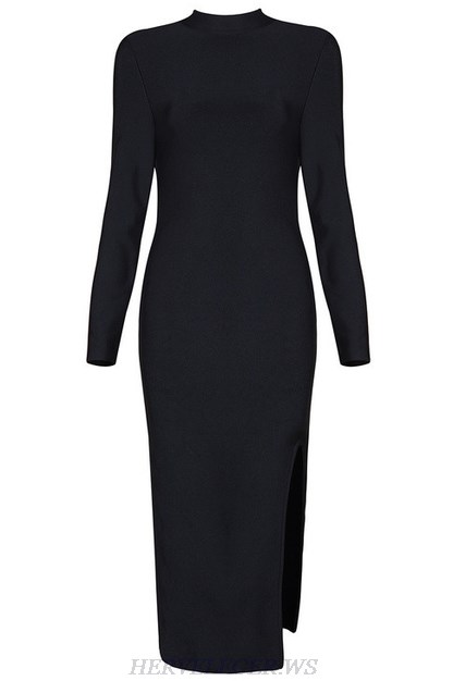 Herve Leger Black Long Sleeve Slit Dress