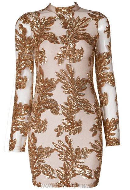 Herve Leger Gold And Nude Long Sleeve Sequin Dress