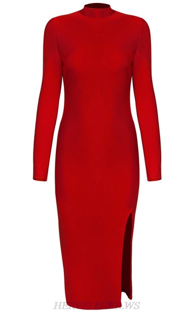 Herve Leger Red Long Sleeve Slit Dress
