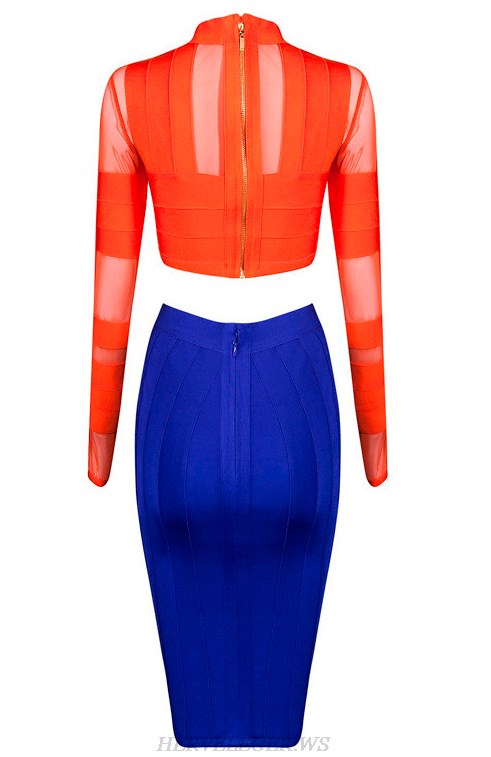 Herve Leger Orange And Blue Long Sleeve Two Pieces Dress