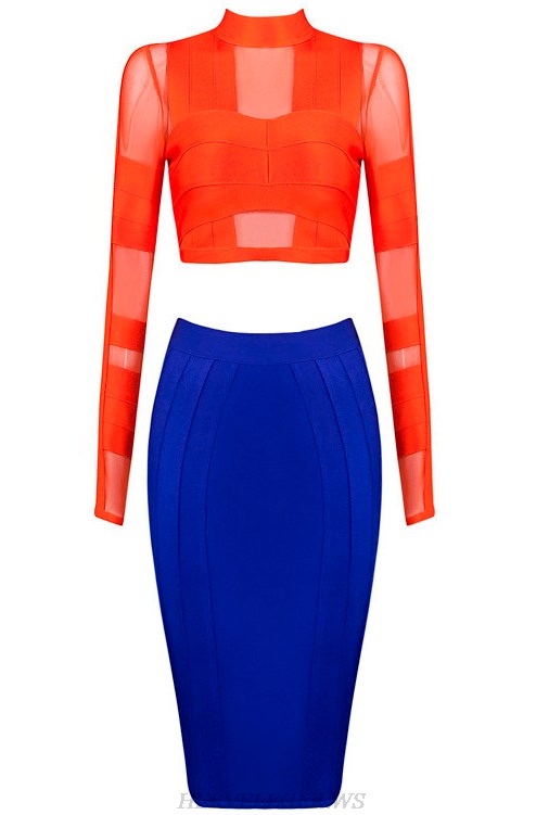 Herve Leger Orange And Blue Long Sleeve Two Pieces Dress