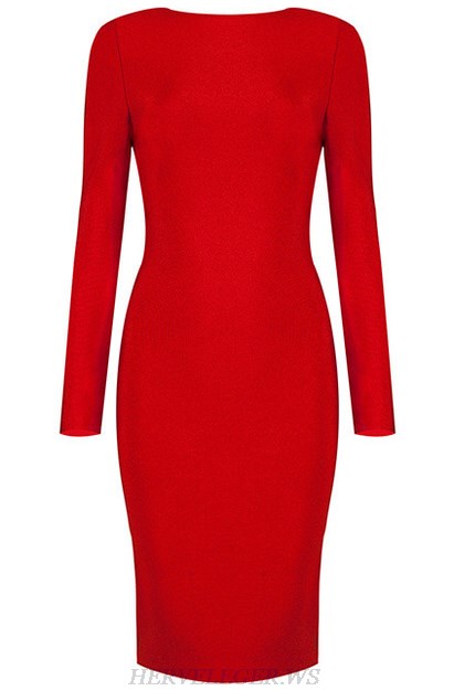 Herve Leger Red Long Sleeve Zipper Detail Dress