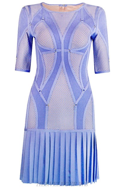 Herve Leger Blue Multi Stitch Crochet Pleated Dress