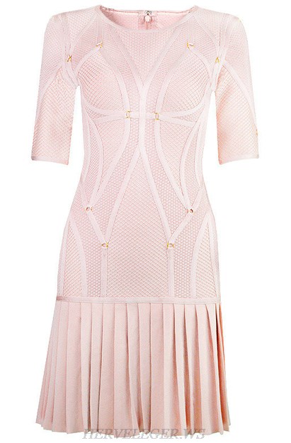 Herve Leger Nude Multi Stitch Crochet Pleated Dress